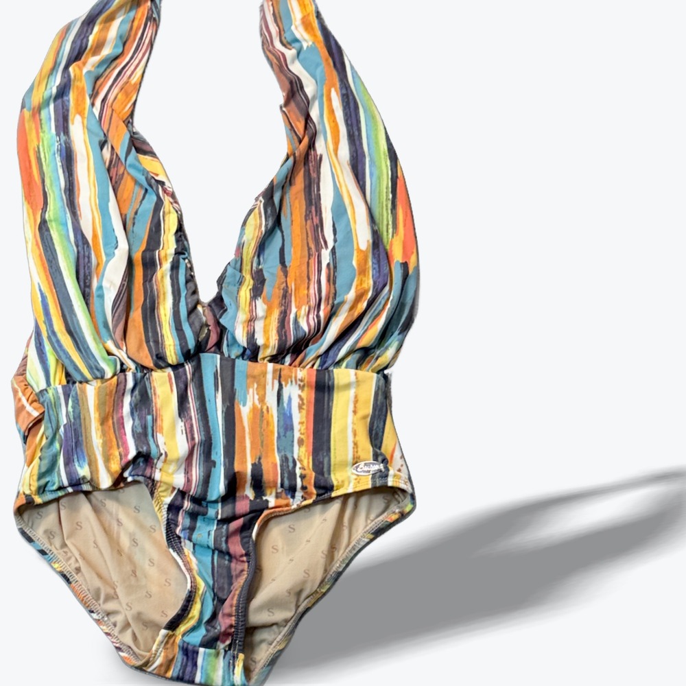 Sauipe Eva Deep Plunge One Piece Swimsuit‎ Picasso Print Brazilian Slimming Med